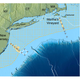 Hatched area shows the likely extent of the aquifer scientists have mapped off the U.S. eastern seaboard, with triangles showing ship tracks. The dotted white line shows the southern extent of the Laurentide Ice Sheet during the last Ice Age.